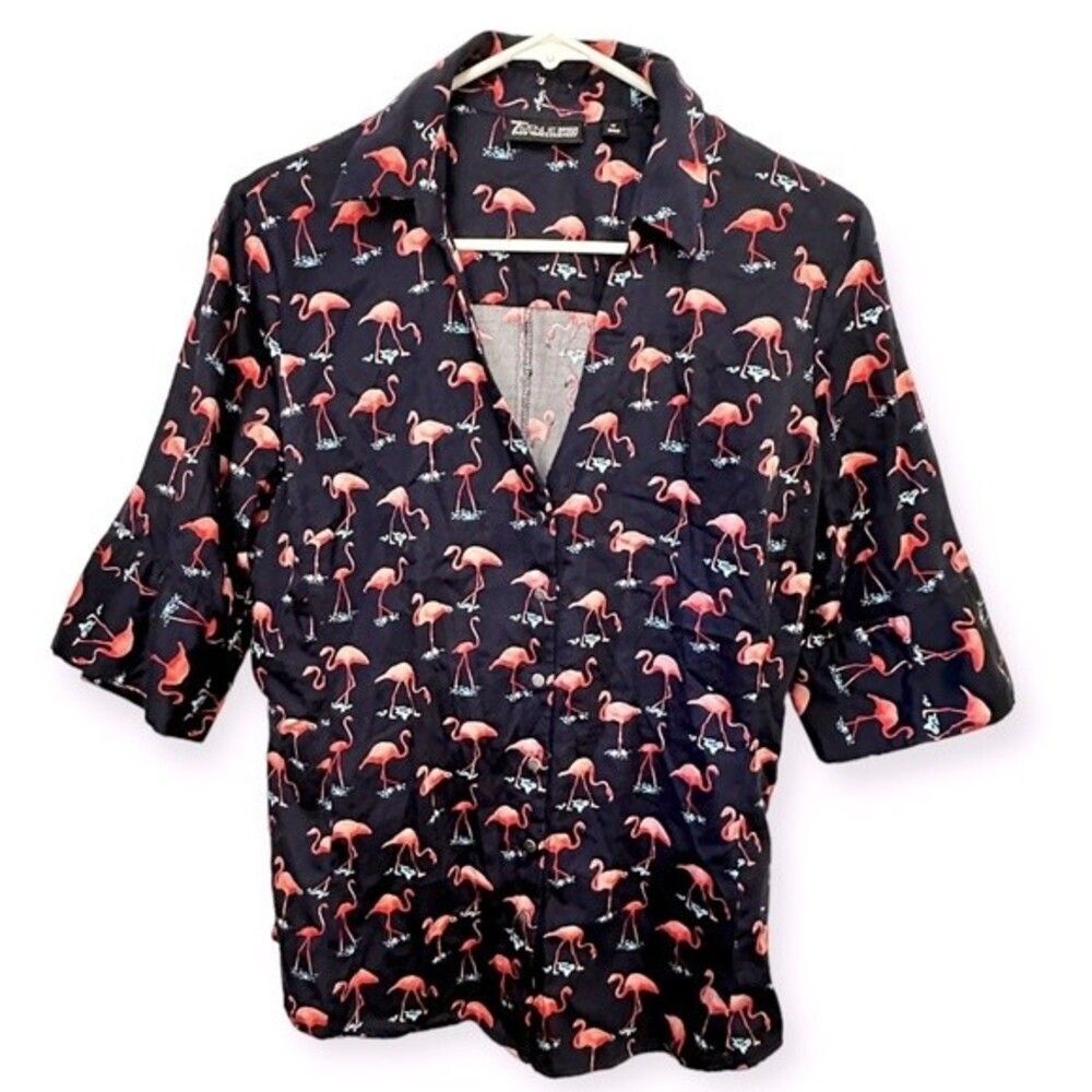 Navy Top Snap Closure Ballon Half Sleeves with Pink Flamingos Size Medium